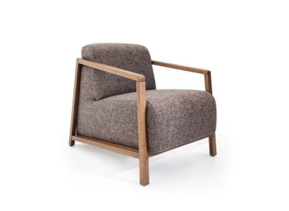 Stylishly compact mid-century armchair made of wood and upholstered fabric
